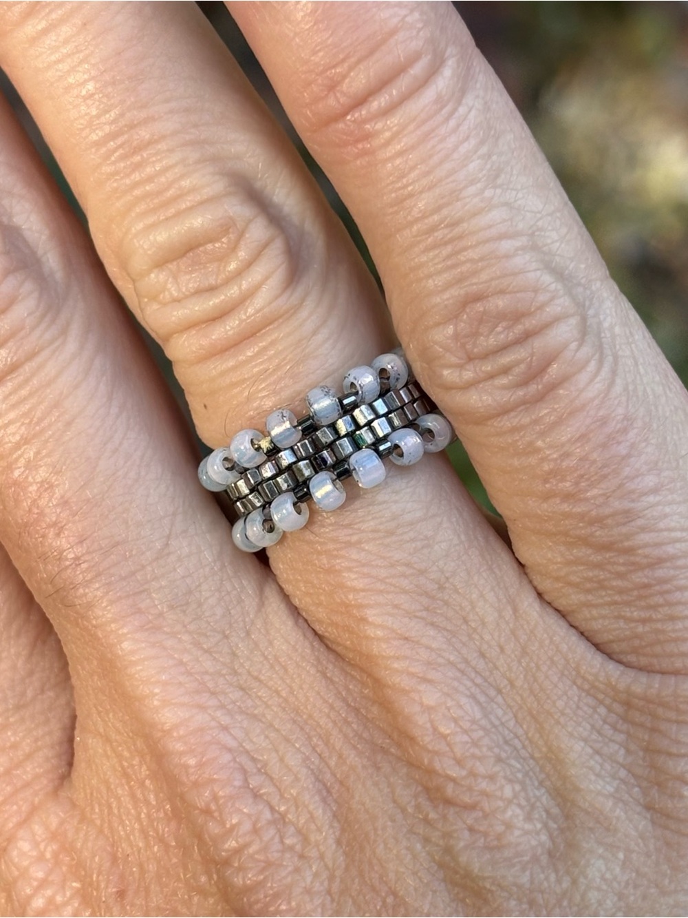 Size 6 Handmade Bead-Woven Band Ring Silver Gray Metallic 8mm Wide